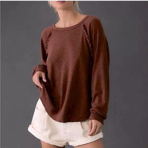 Anthropologie Pilcro Brown ruffle trim relax Long Sleeve Top size medium